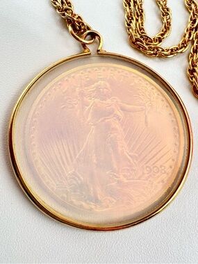 Vintage Holographic Lady Liberty 1908 Coin Pendant Necklace 18” Gold Tone